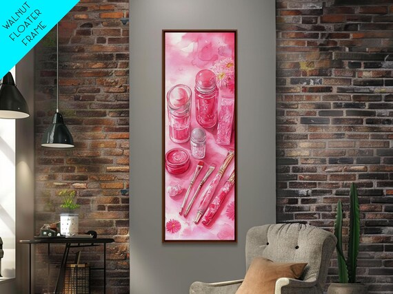 Pink Beauty Essentials Watercolor Makeup Brushes And Bottles Wall Art
