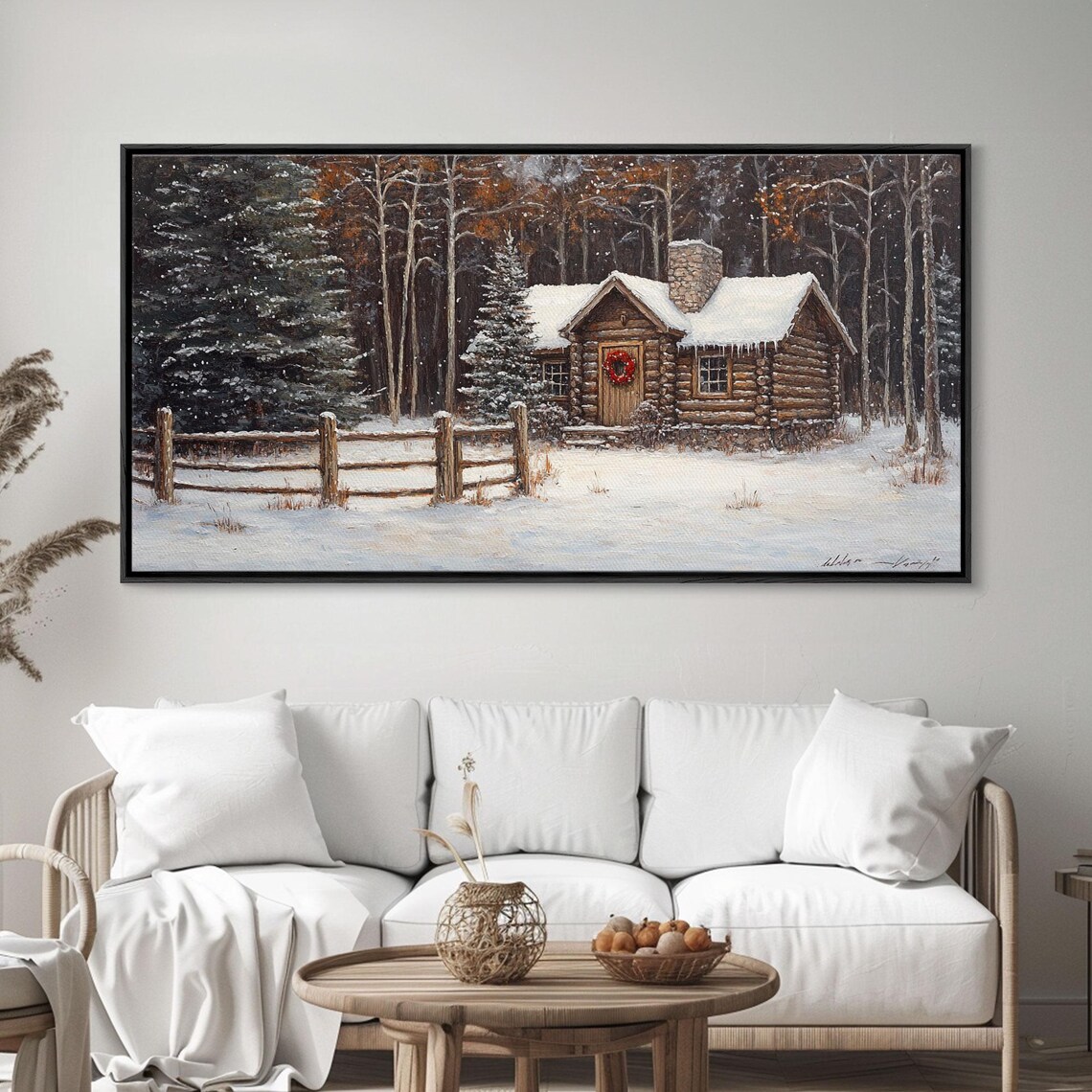 Snowy Log Cabin Christmas Art Print, Rustic Holiday