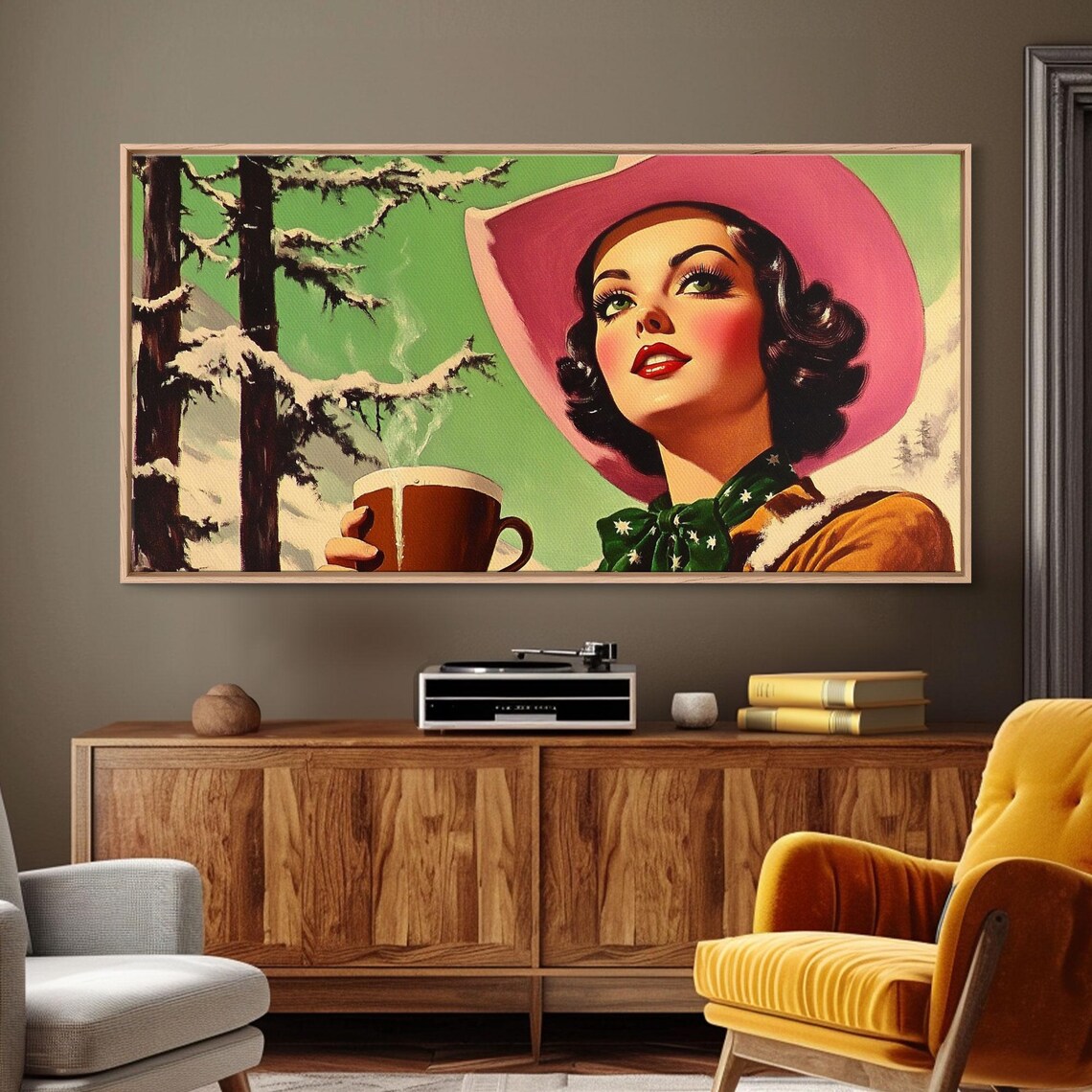 Retro 1950s Pinup Cowgirl With Cocoa Mug Snowy Pines Vintage Poster - Image 5