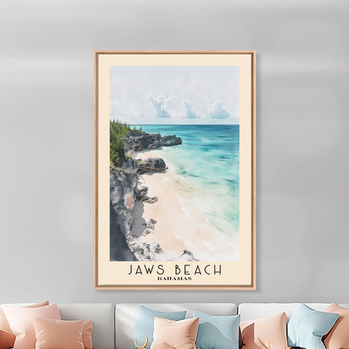 Jaws Beach Bahamas Turquoise Cove Rocky Cliffs Watercolor Travel Poster - Image 3