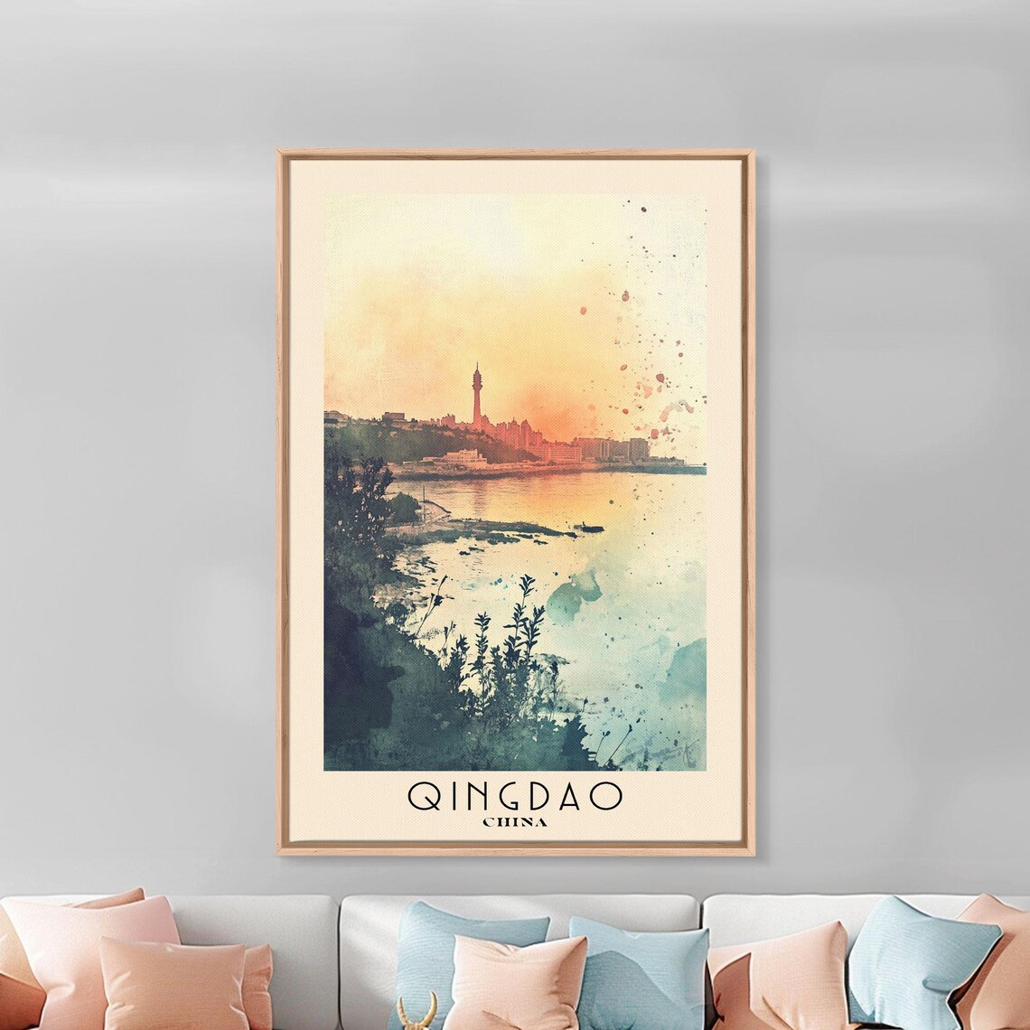 Qingdao China City Skyline Sunset Orange Sky Harbor Tower Coastal Watercolor Poster - Image 3