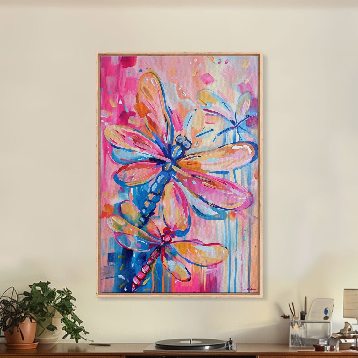 Trio Of Colorful Dragonflies Abstract Pink Blue Nature Poster - Image 2