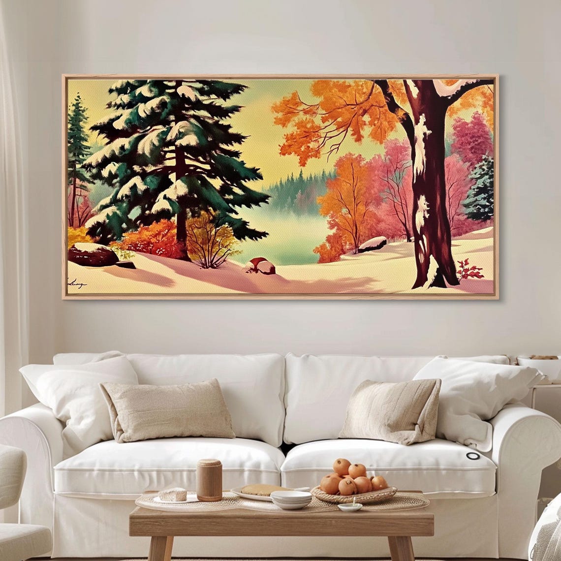 Retro 1950s Winter Landscape Snowy Pines Colorful Autumn Lake Poster - Image 3