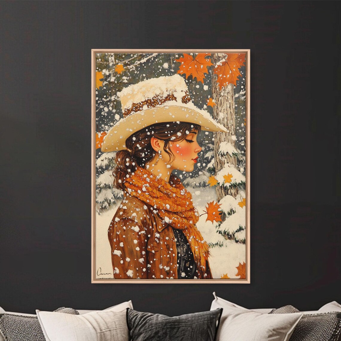 Snowy Cowgirl In Fall Scene Print Seasonal Holiday Art Rustic Christmas Decor Farmhouse Wall Art Winter Wonderland Wall Print
