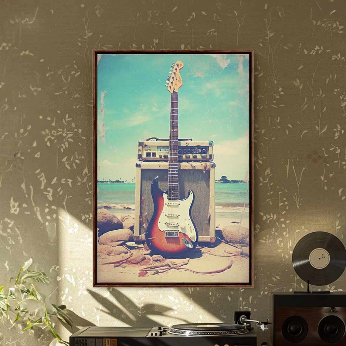 Sunburst Electric Guitar And Amp Stack On Rocky Beach Music Wall Poster - Image 4