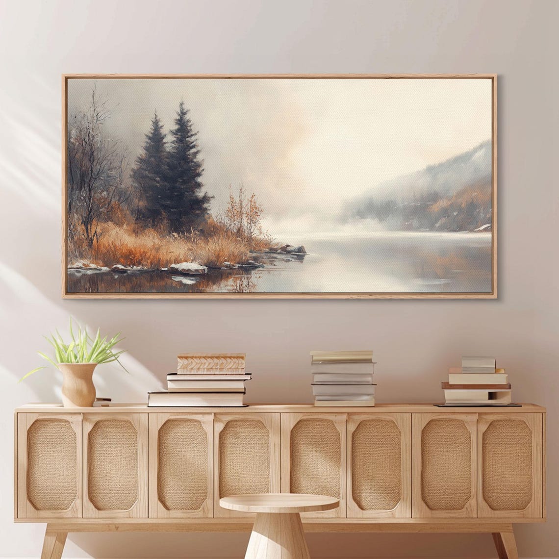 Fall On The River Watercolor Misty Banks Pines Still Water Poster