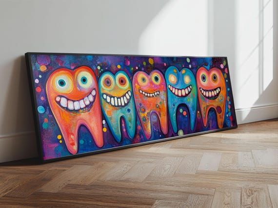 Whimsical Dental Art Bright Colorful Mosaic Wall Decor Horizontal Painting Unique Living Room Art Gift Idea