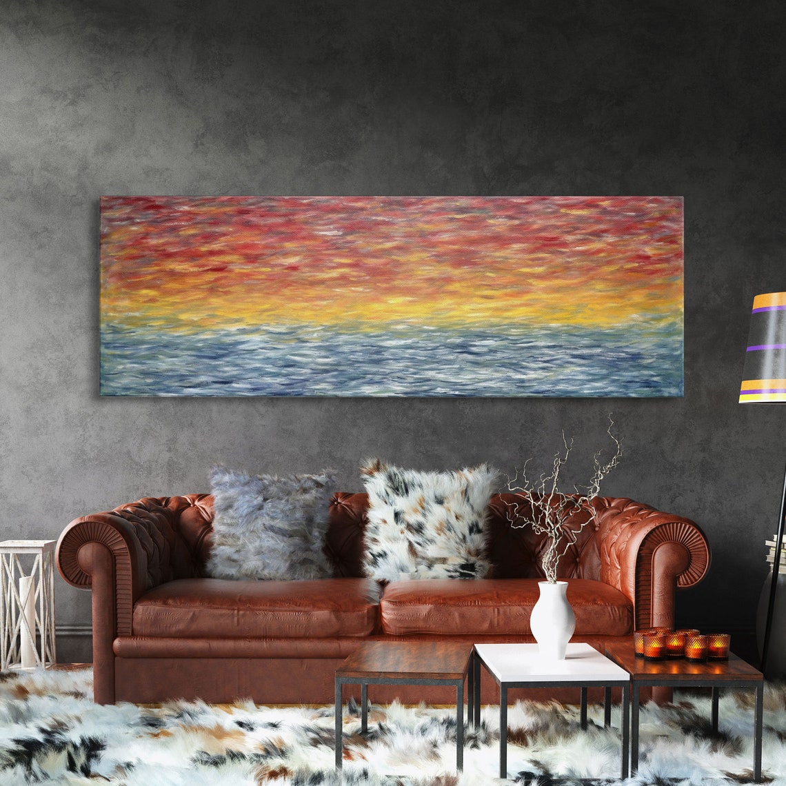 Abstract Ocean Horizon Fiery Red Sky Blue Water Sunset Wall Art Poster - Image 3