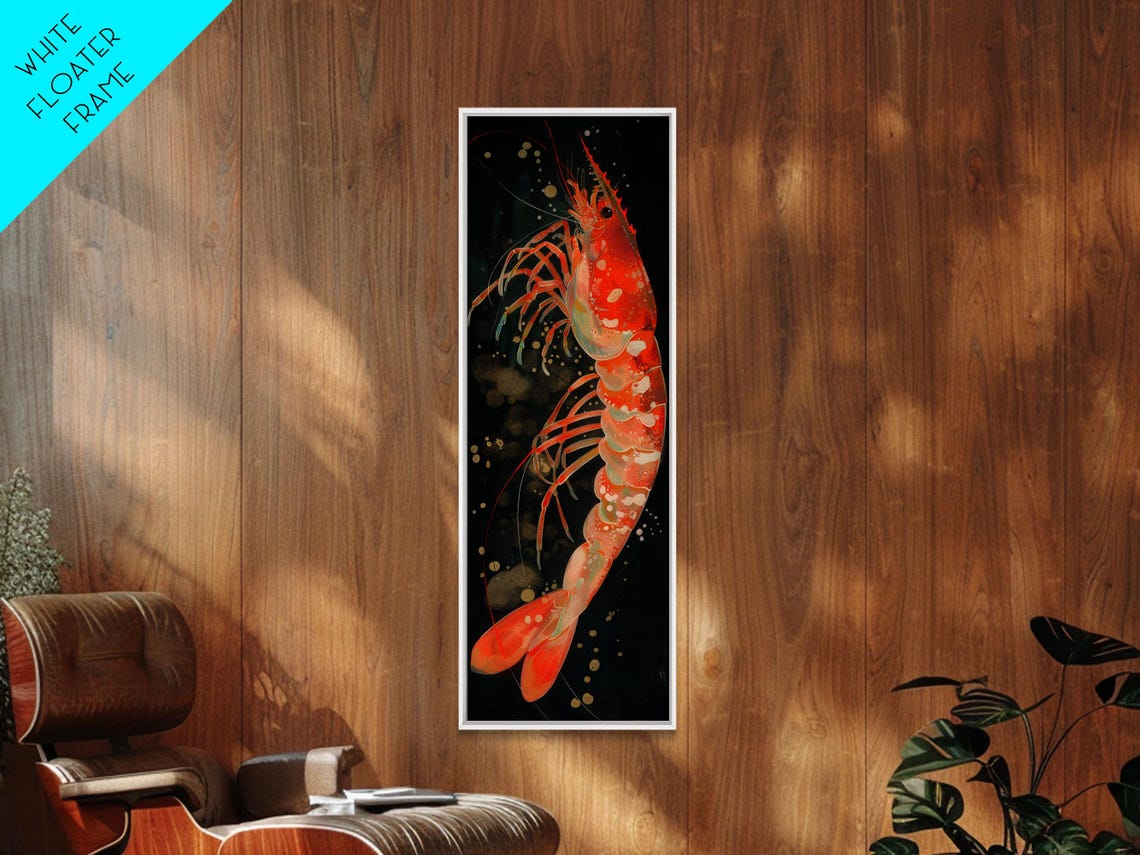 Red Shrimp Underwater Black Background Japanese Style Art Poster