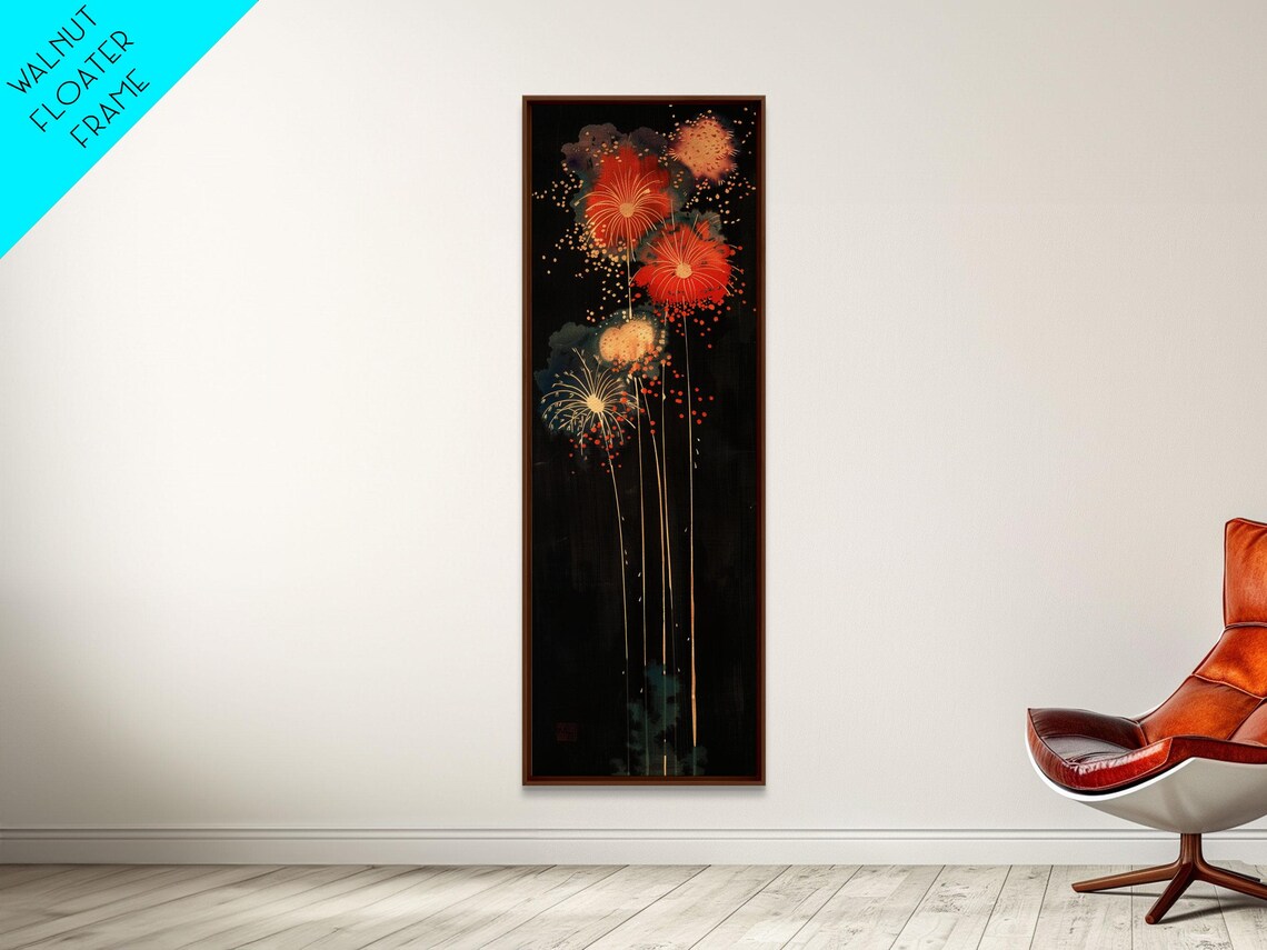 Colorful Fireworks Dark Night Sky Japanese Style Tall Art Poster - Image 2