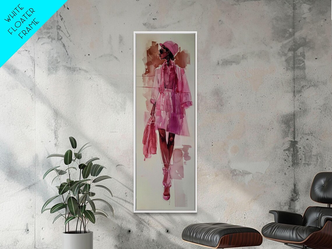 Pink Fashion Illustration Woman Trench Coat Chic Style Wall Art - Image 3