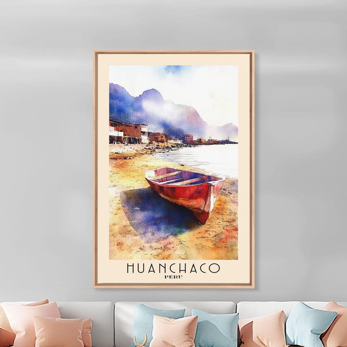 Huanchaco Peru Red Fishing Boat Sandy Shore Mountain Backdrop Poster - Image 3