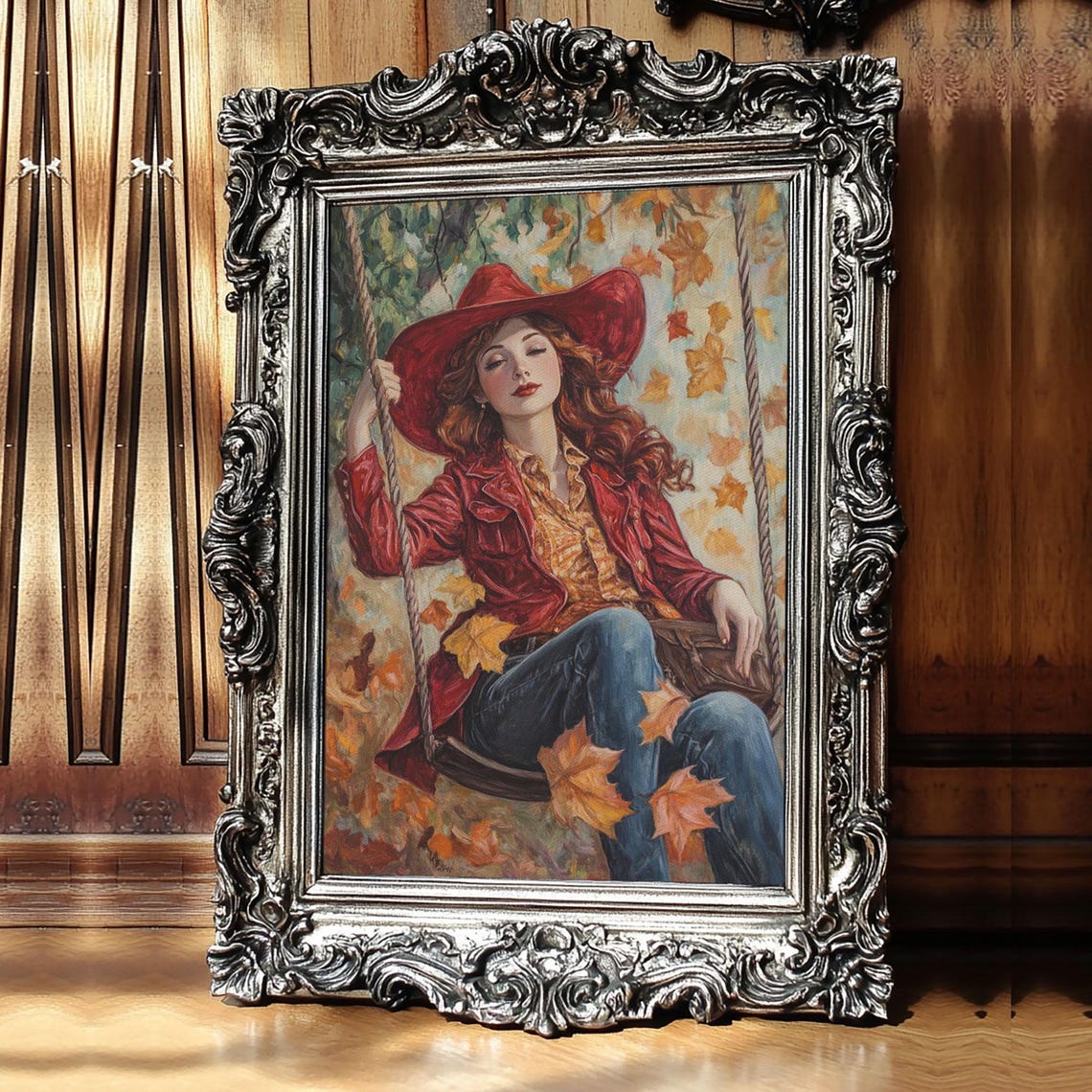 Fall Cowgirl Enjoying Her Swing Framed Print Autumn Decor Cute Wall Art Gift Idea - Image 4