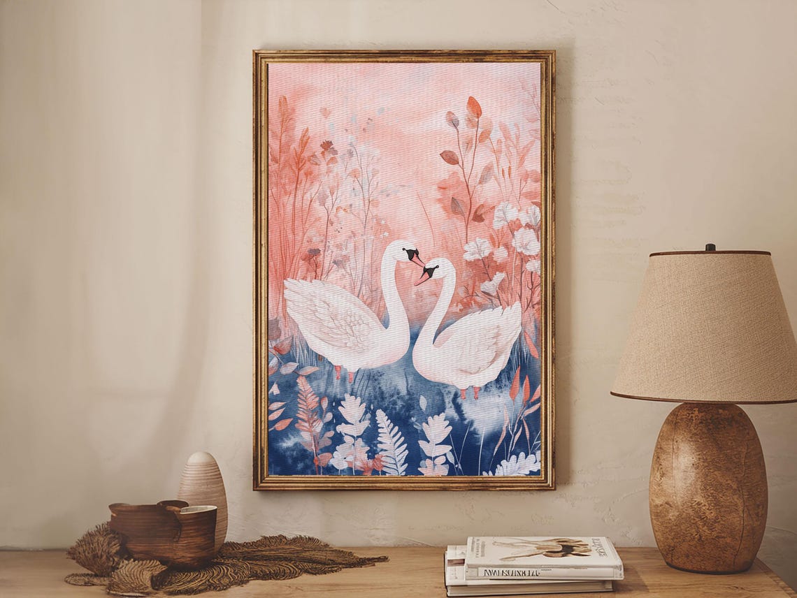 White Swans Pair Pink Pond Floral Watercolor Romantic Bird Wall Art - Image 2