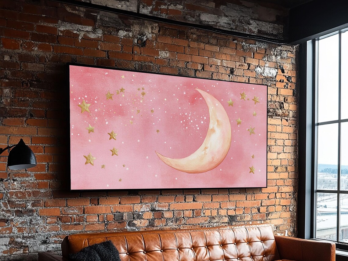 Golden Crescent Moon And Stars On Pink Watercolor Celestial Sky Poster - Image 5