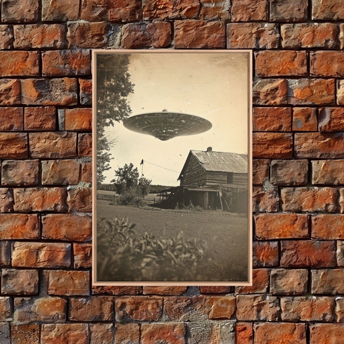 Vintage UFO Flying Saucer Hovering Old Barn Sepia Photo Wall Art - Image 3