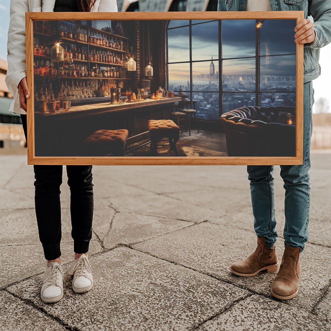 Winter Bar Decor Framed Print Oil Painting Of A Vintage Bar Overlooking The City Winter Centerpiece Winter Decor Bar Cart Art - Image 5