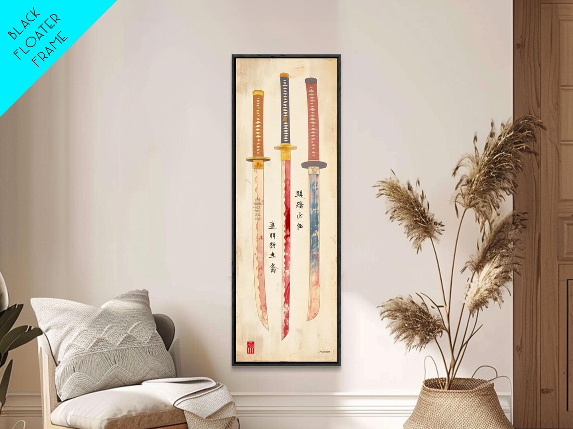 Three Samurai Swords Japanese Characters Cream Vintage Art Poster - Image 4