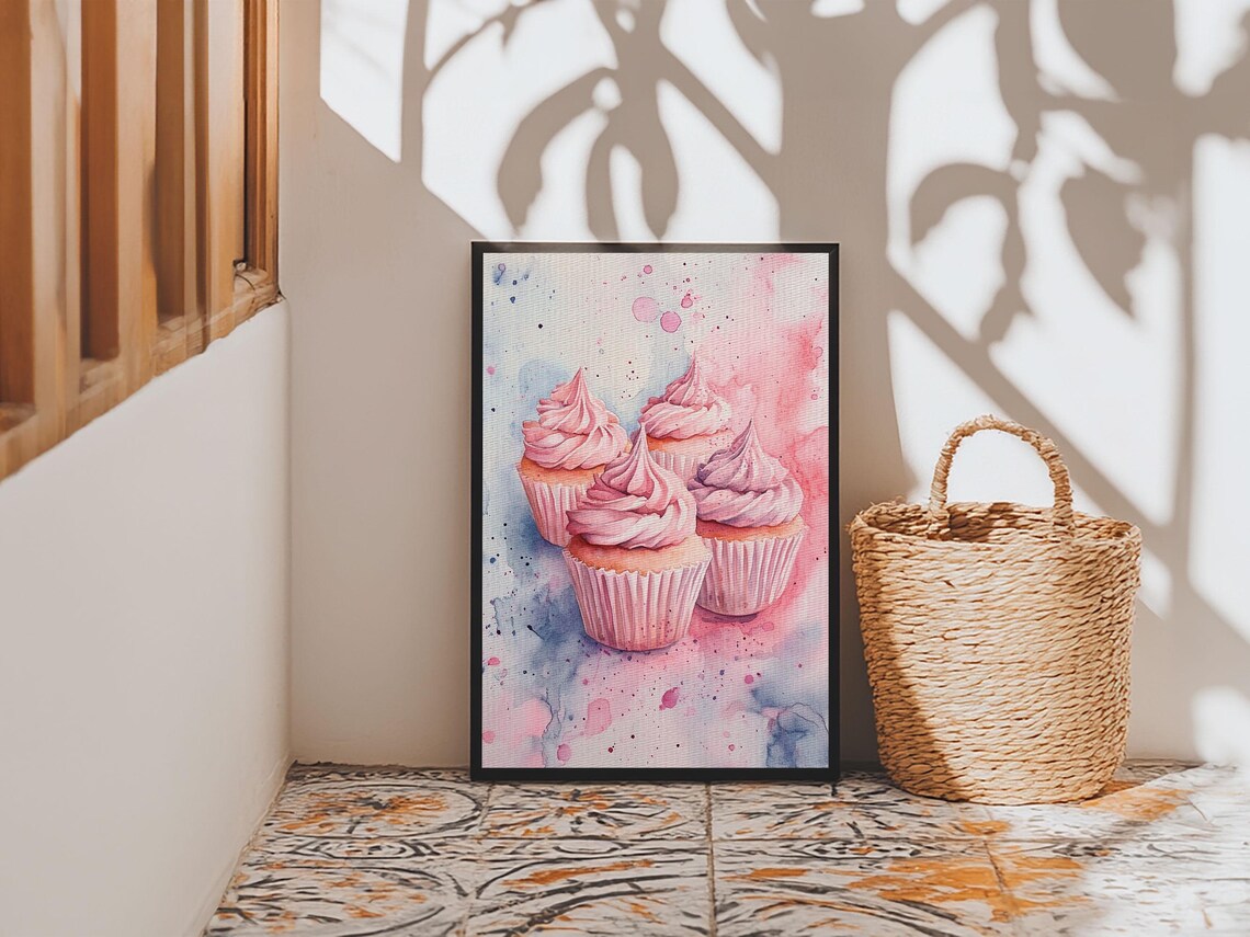 Pink Frosted Cupcakes Watercolor Sweet Dessert Bakery Wall Art Print - Image 5