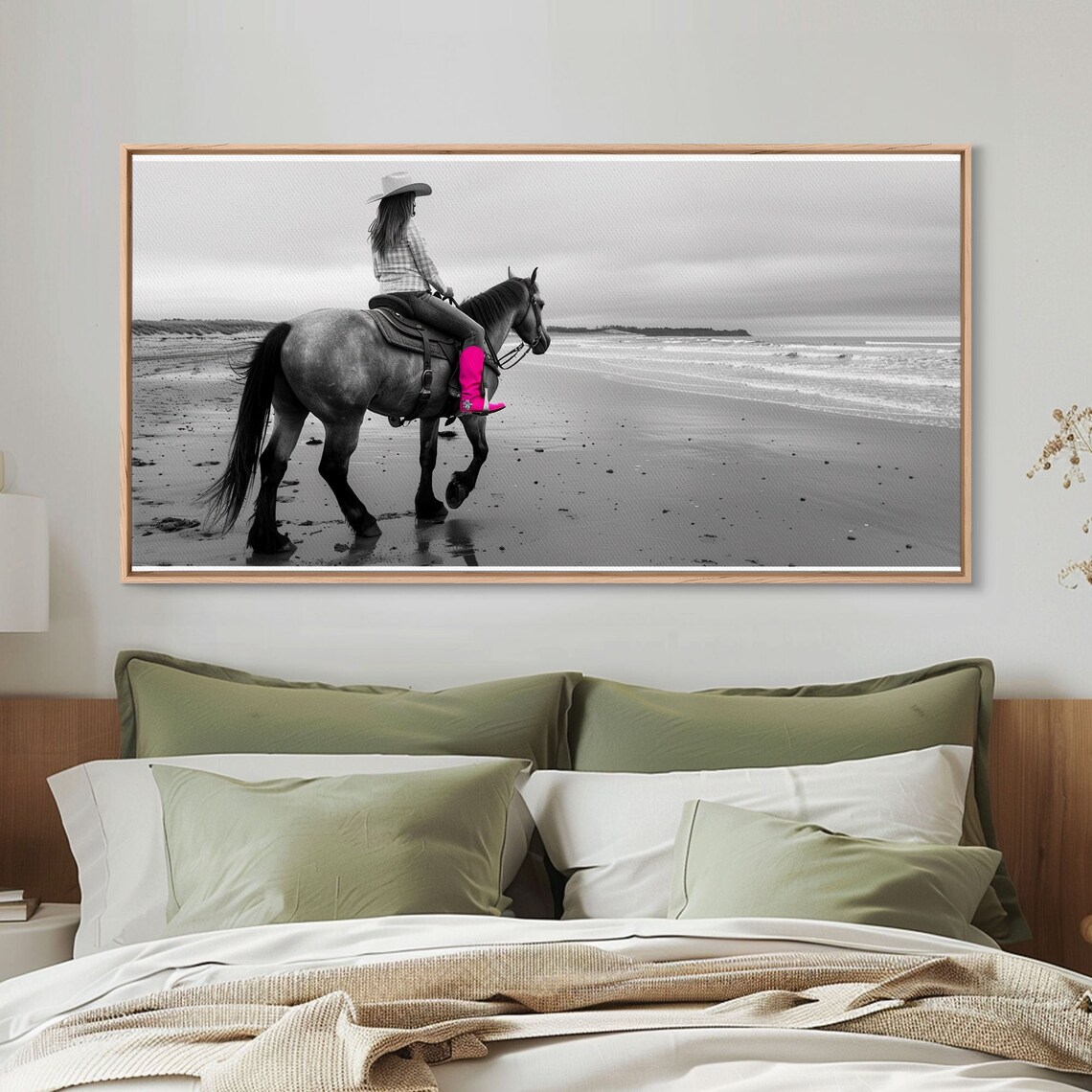 Cowgirl On Horseback At The Beach With Pink Boots Black White Print - Image 3