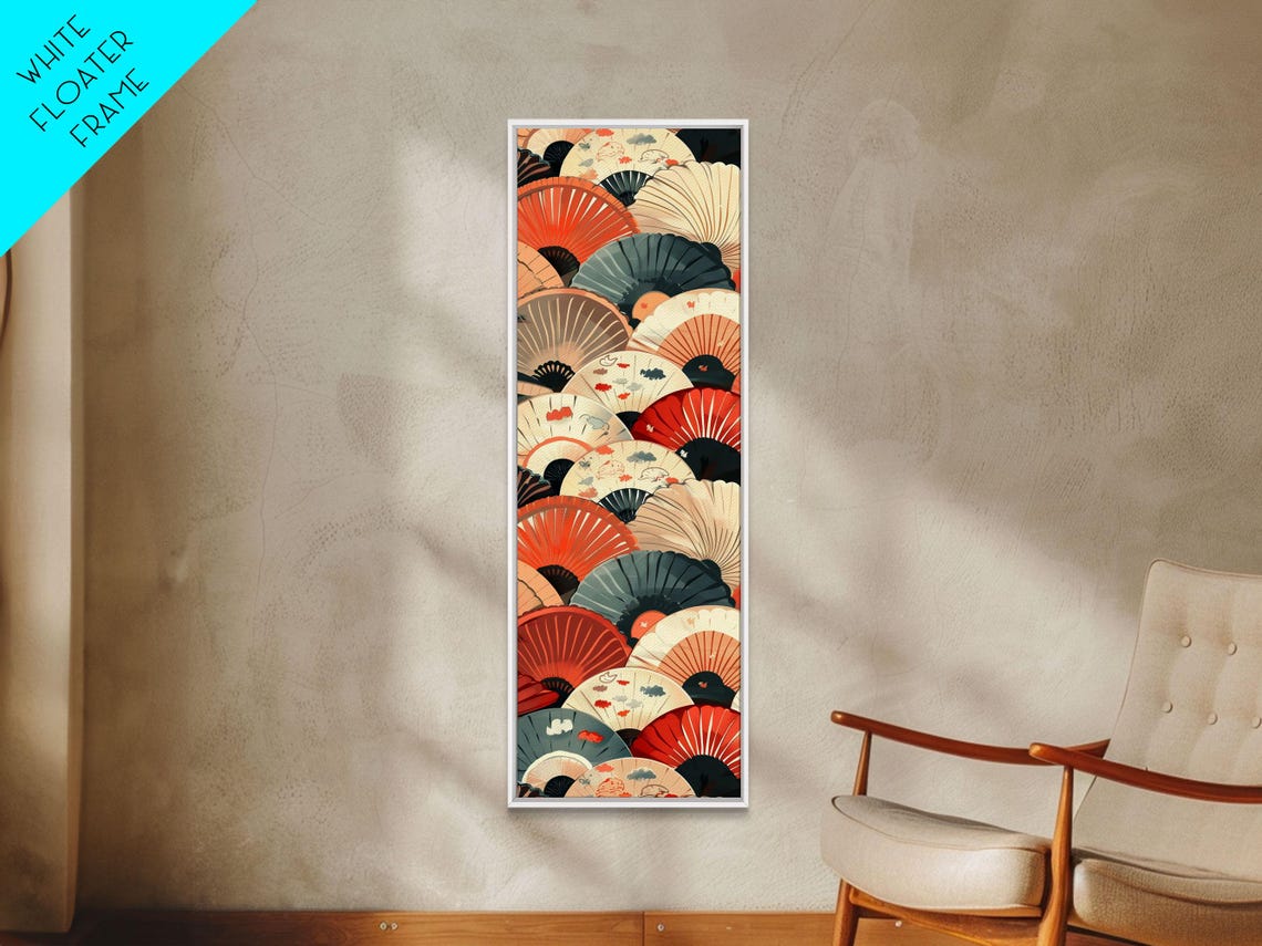Overlapping Japanese Folding Fans Red Cream Teal Tall Art Poster
