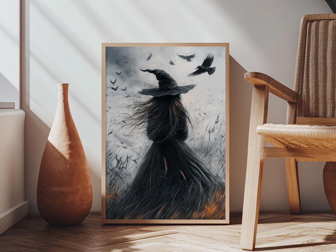 Witch With Crows From Behind Misty Field Gothic Spooky Season Poster - Image 6