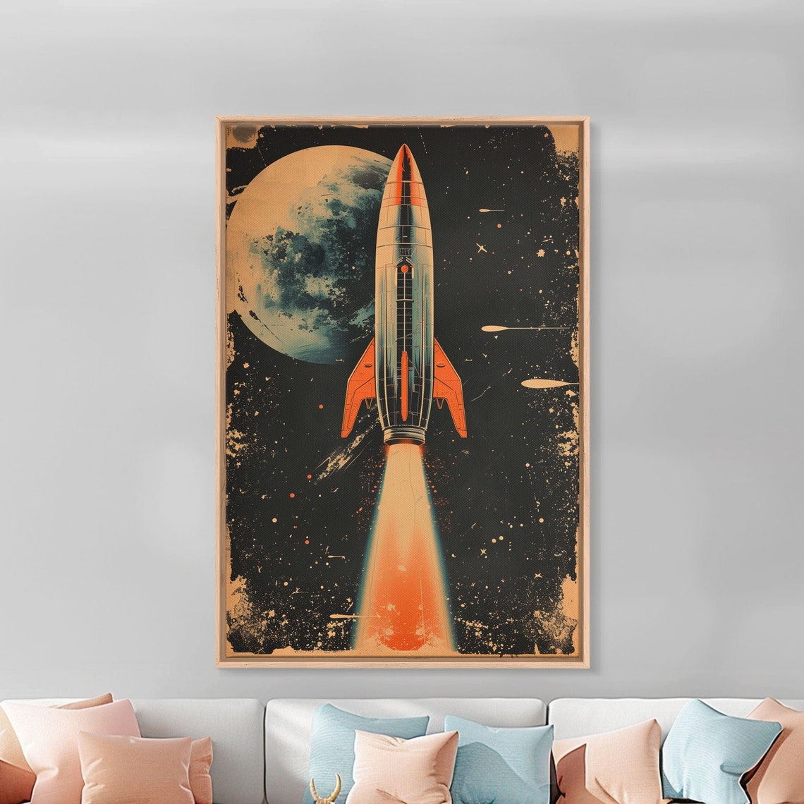 Vintage Rocket Launch Poster Flying Past Moon Distressed Space Art - Image 4