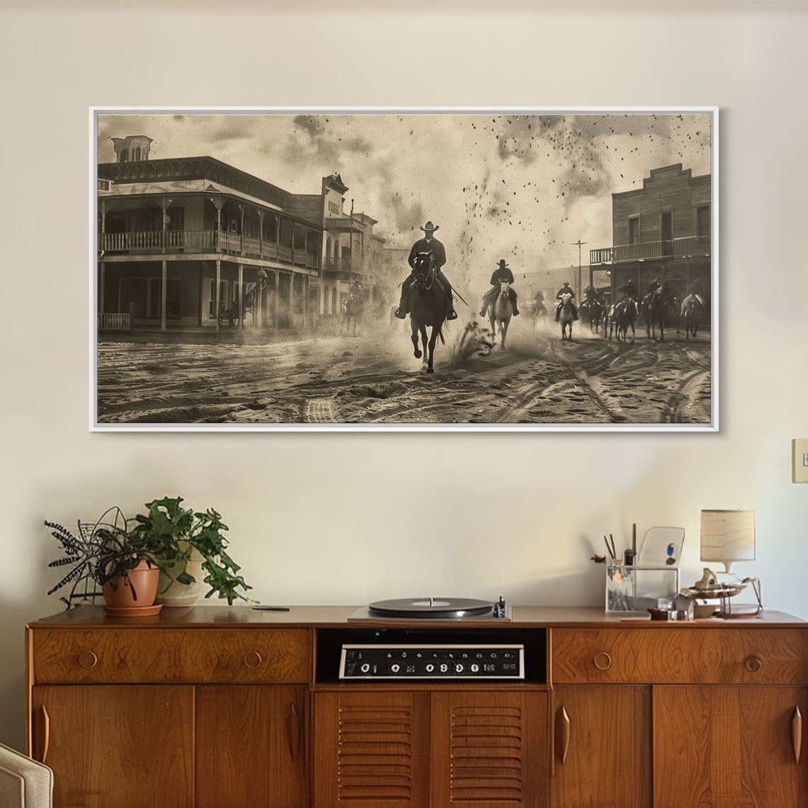 Cowboys Riding Into Old Western Frontier Town Vintage Sepia Art Poster