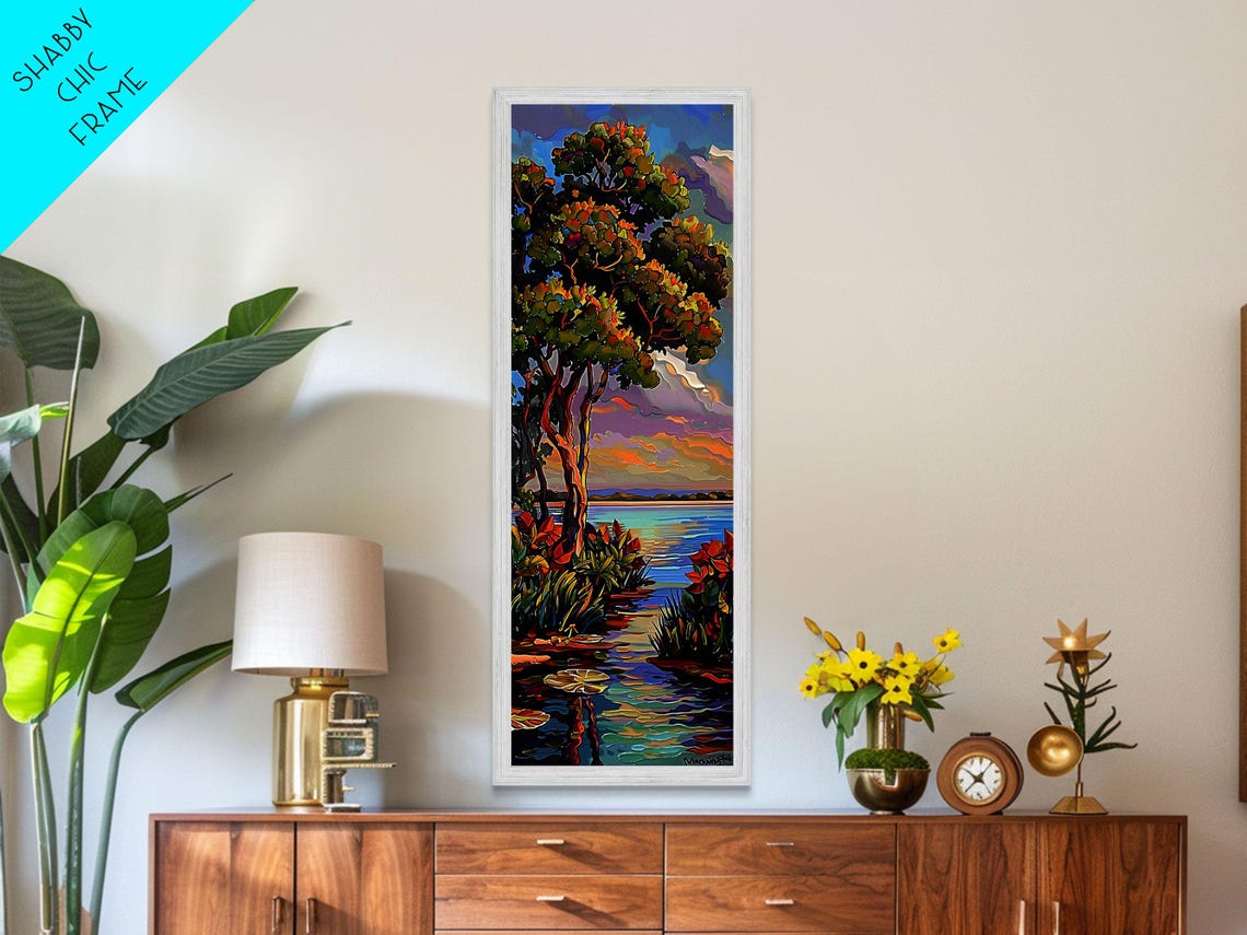 Sunset Over Waterway With Tall Trees And Lily Pads Impasto Lake Poster - Image 4