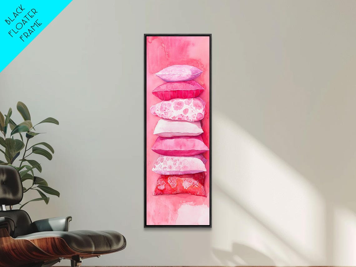 Pink Pillows Stack Print Cozy Cottagecore Bedroom Art Light Pink Whimsical Skinny Wall Art Rustic Vertical Living Room Artwork - Image 6