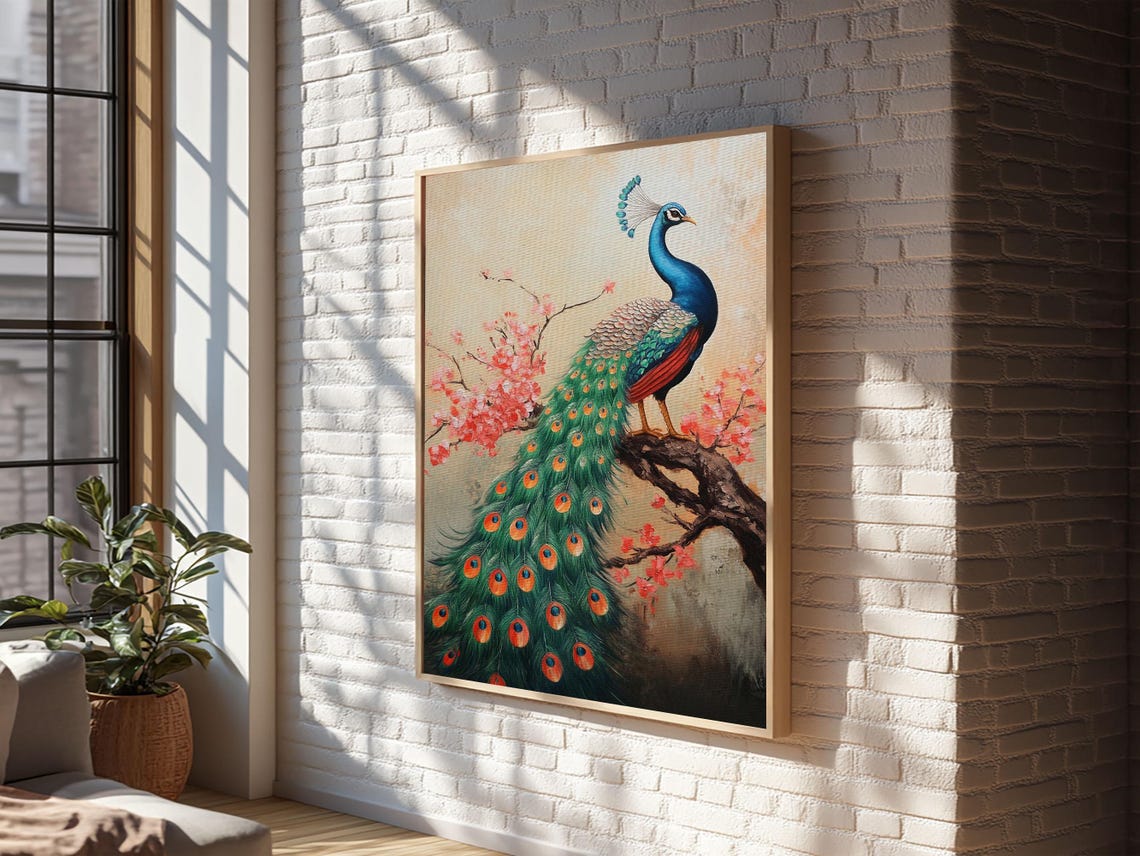 Peacock On Cherry Blossom Branch Chinoiserie Elegant Oriental Print - Image 5