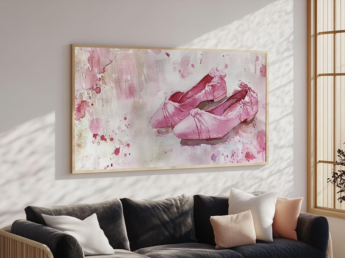 Pink Ballet Slippers Watercolor Satin Dance Shoes Feminine Panoramic Art - Image 5