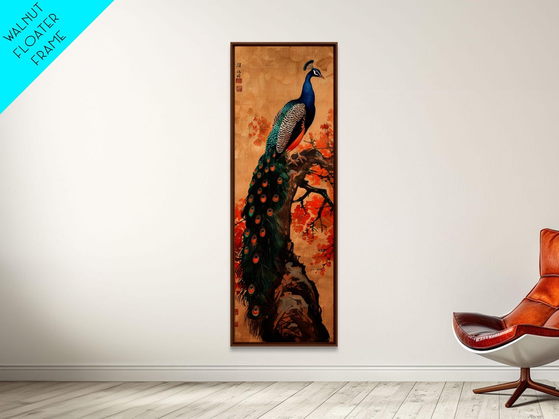 Majestic Peacock Autumn Leaves Gold Background Japanese Art Poster - Image 3