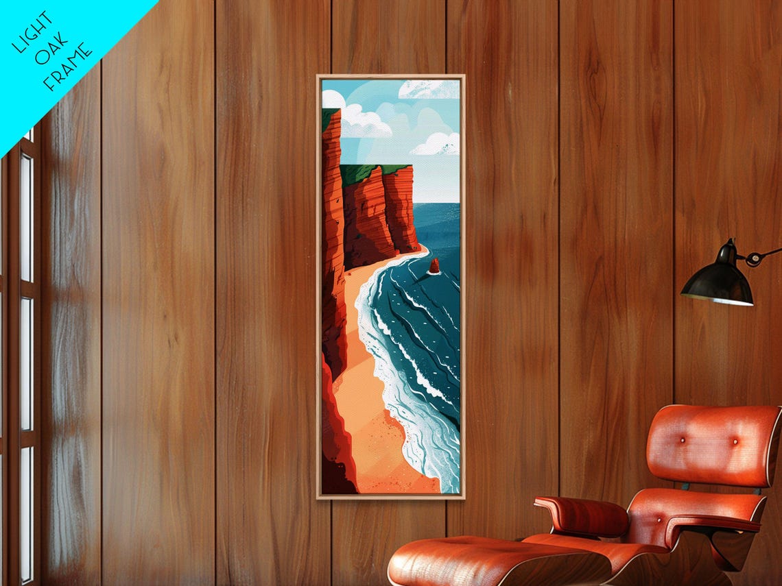 Red Coastal Cliffs With Turquoise Ocean Waves Retro Travel Art Poster