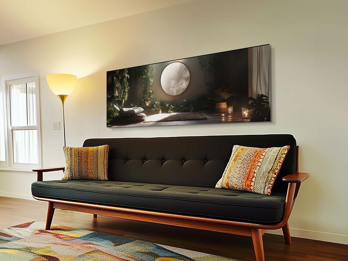 Zen Indoor Jungle Meditation Room Glowing Moon Window Panoramic Art Print - Image 5