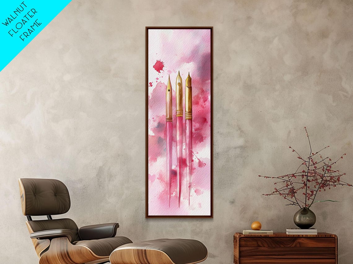 Pink Fountain Pens With Gold Nibs Watercolor Writer Office Wall Art