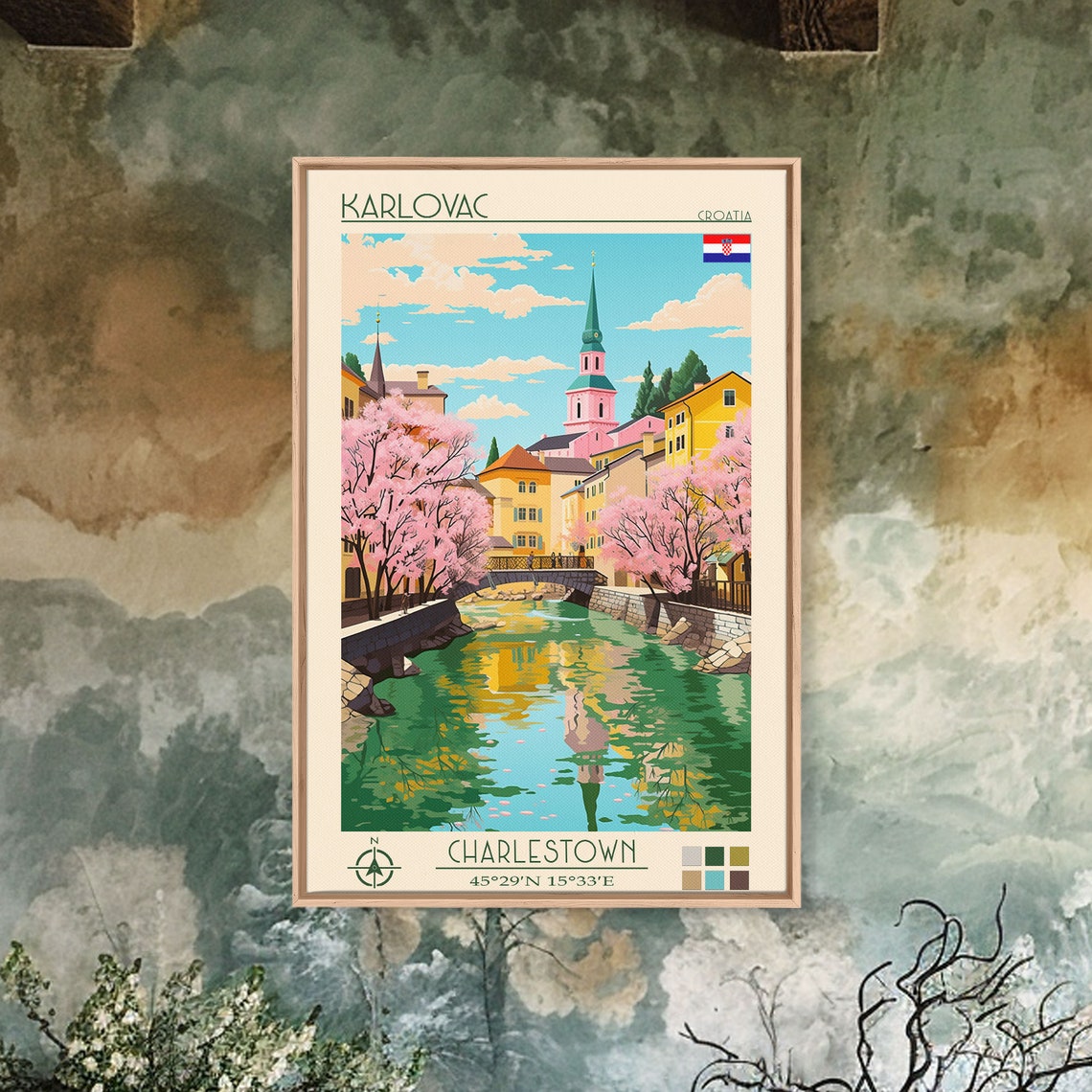Karlovac Croatia Riverside Bridge Blossom Trees Spring View Poster