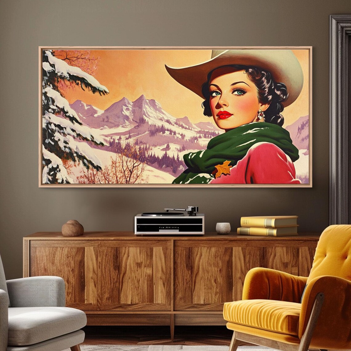 Retro Pinup Cowgirl Portrait Snowy Purple Mountains Scarf Style Poster - Image 3