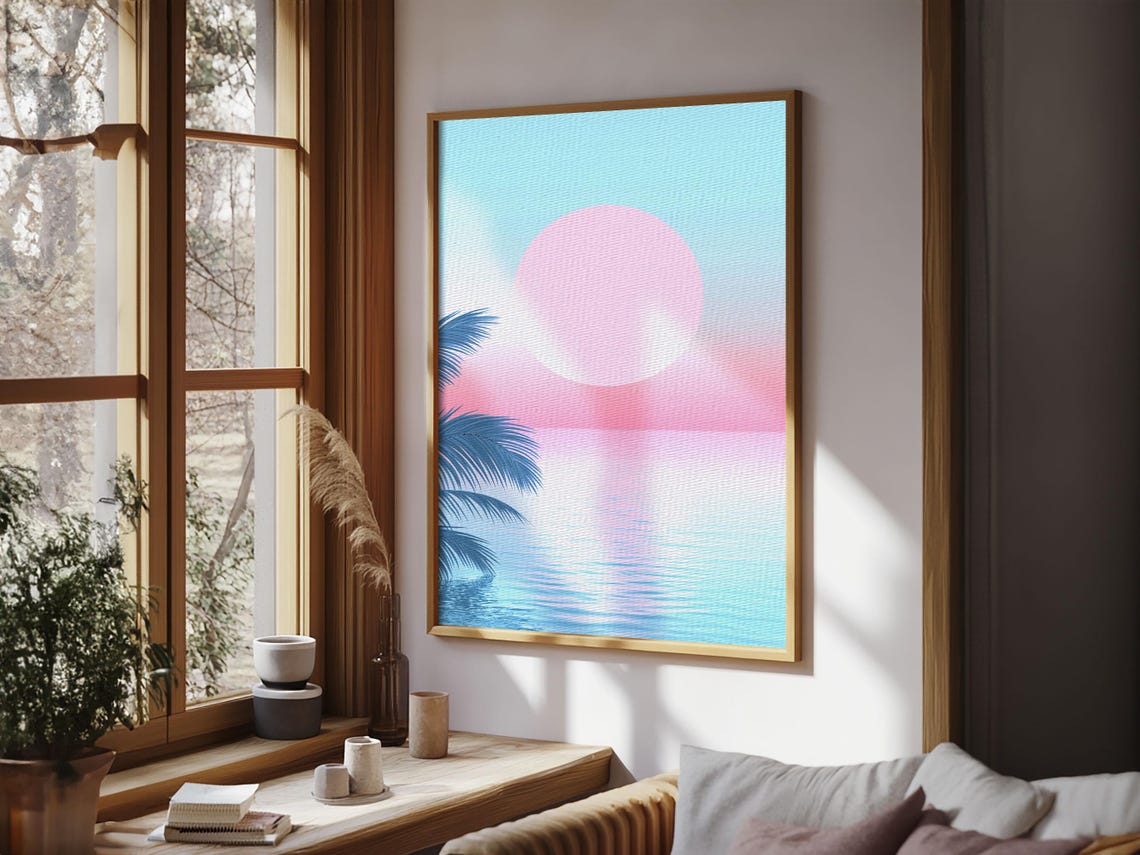 Vaporwave Pastel Sunset Ocean Palm Beach Retro Minimalist Poster - Image 2