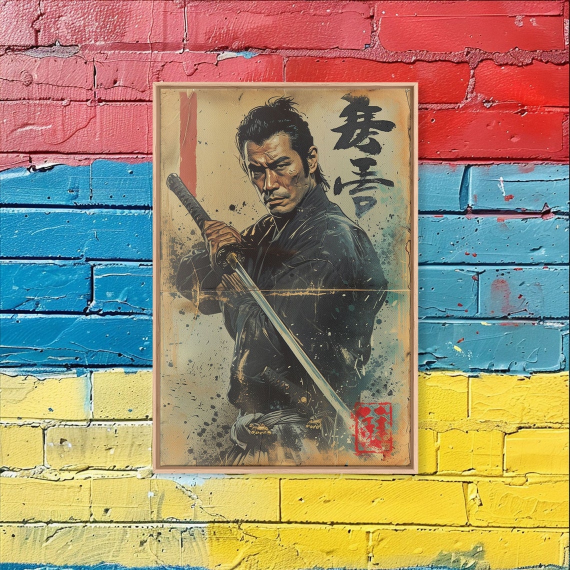 Samurai Holding Sword Paint Splatter Poster Japanese Vintage Style - Image 5