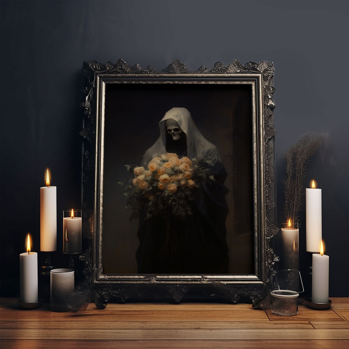 Grim Reaper Holding Yellow Roses Bouquet Dark Oil Painting Gothic Halloween Wall Art Print - Image 5