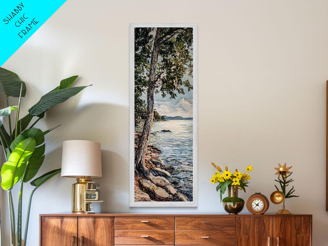 Birch Tree on Rocky Lakeshore Calm Blue Water Scene Wall Art - Image 5