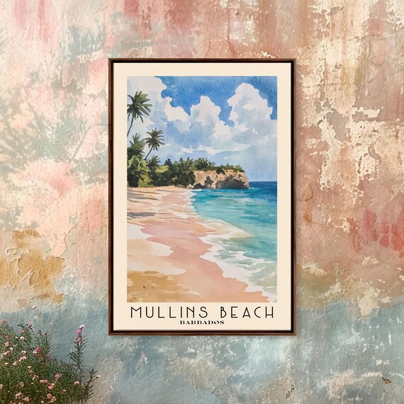 Mullins Beach Barbados Pink Sand Turquoise Water Watercolor Travel Poster