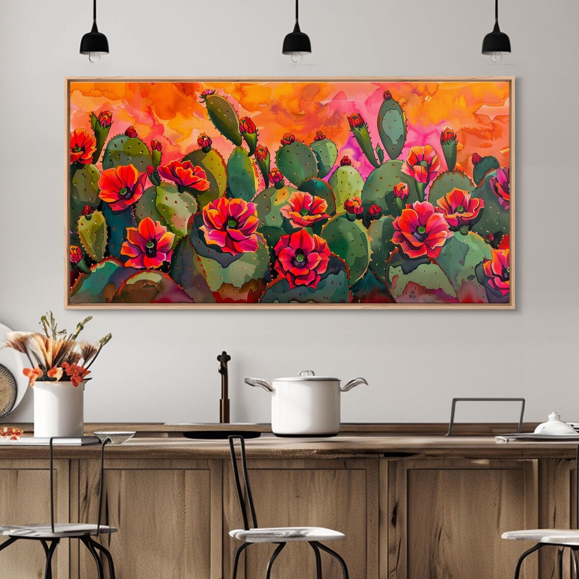 Desert Landscape With Blooming Cacti, Sunset Art Print - Image 2