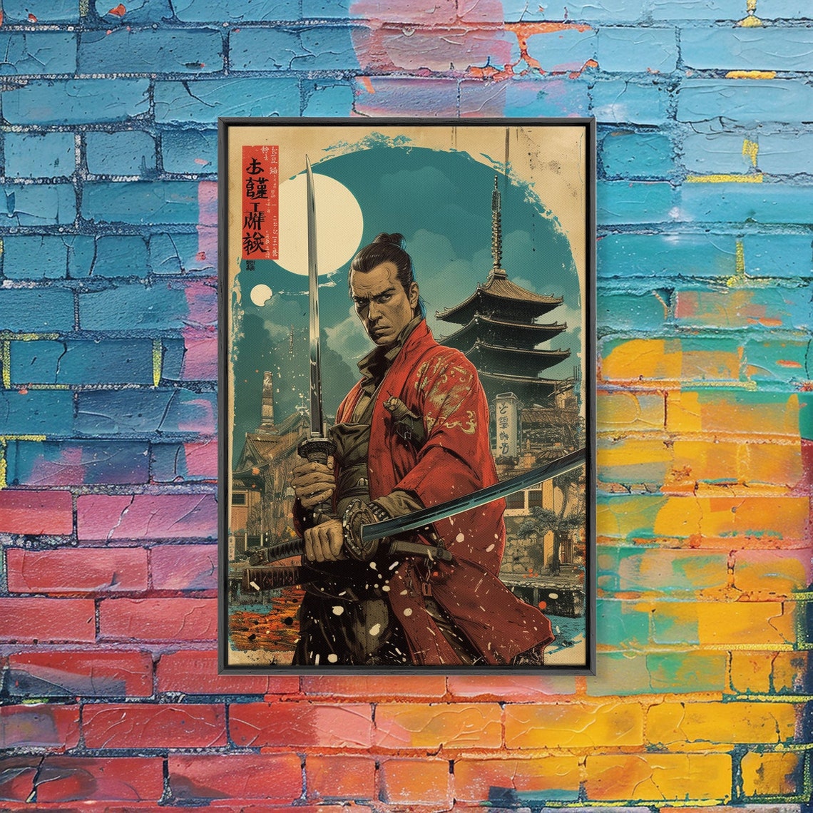 Japanese Samurai Poster in Red Robe with Katanas Before Pagoda Moon - Image 2