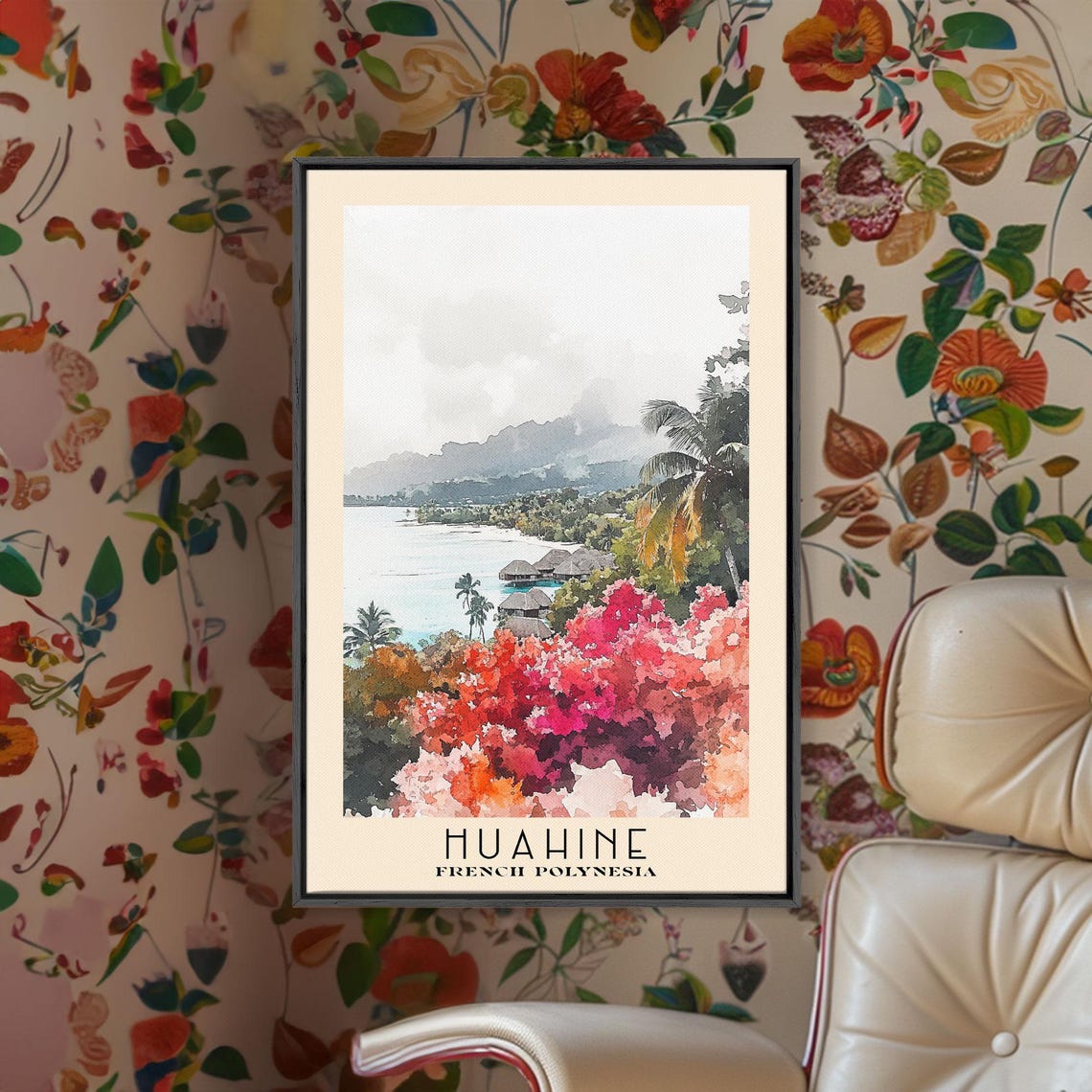 Huahine French Polynesia Lagoon Bungalows Tropical Watercolor Poster - Image 2