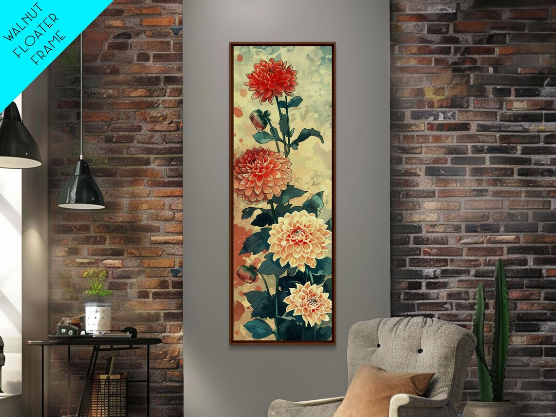 Vibrant Dahlia Flowers Red Orange Cream Tall Japanese Art Poster - Image 2