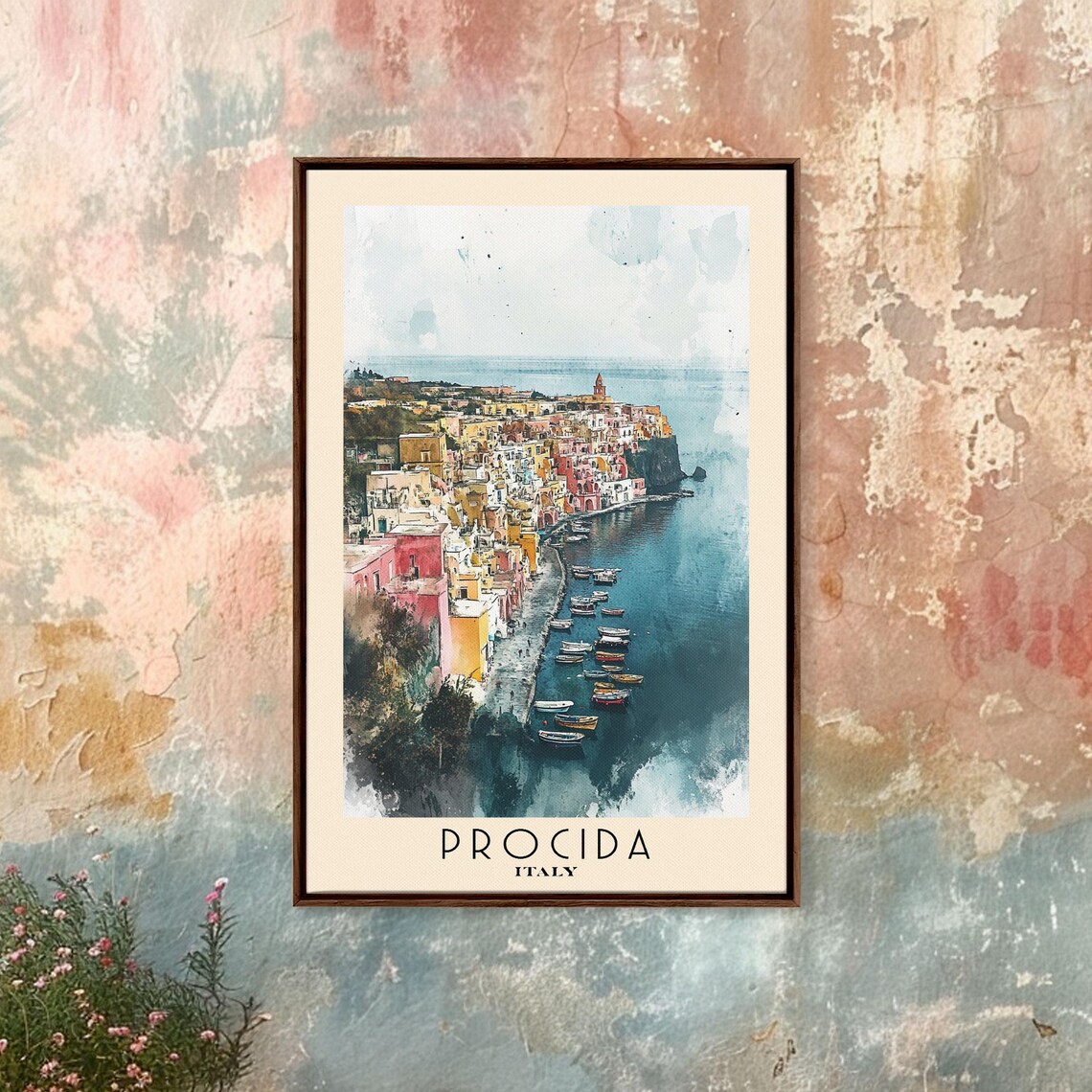 Procida Italy Colorful Harbor Boats Pastel Waterfront Watercolor Poster