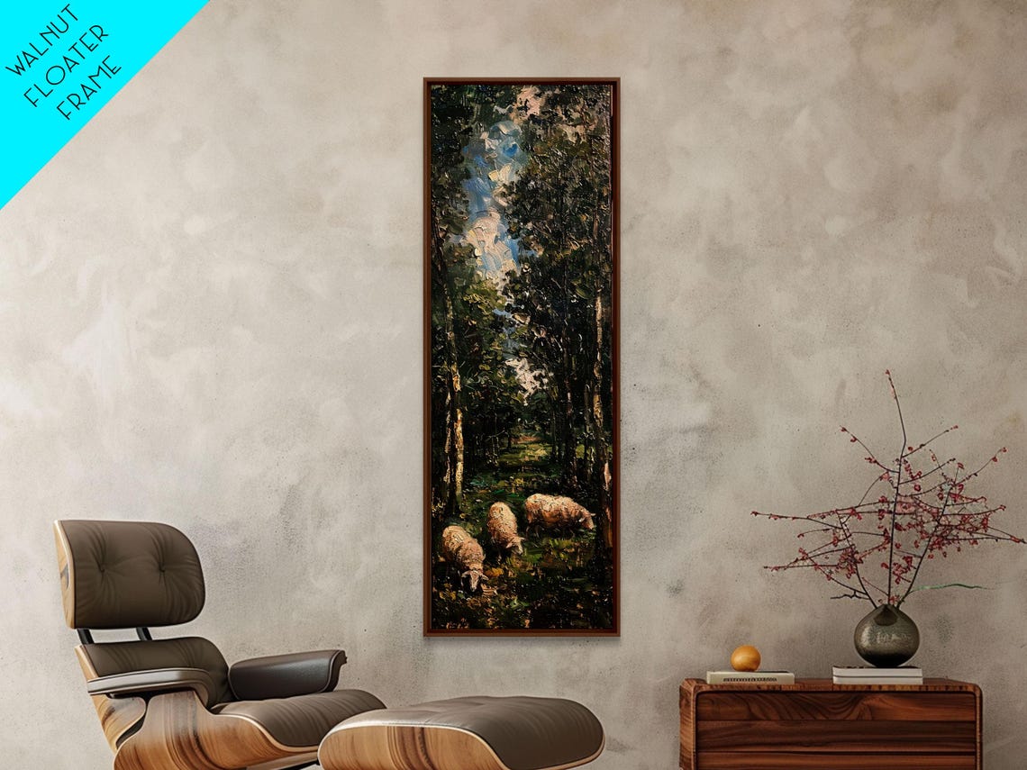 Lambs Grazing In Dark Forest Impasto Oil Painting Sheep Meadow Print - Image 6