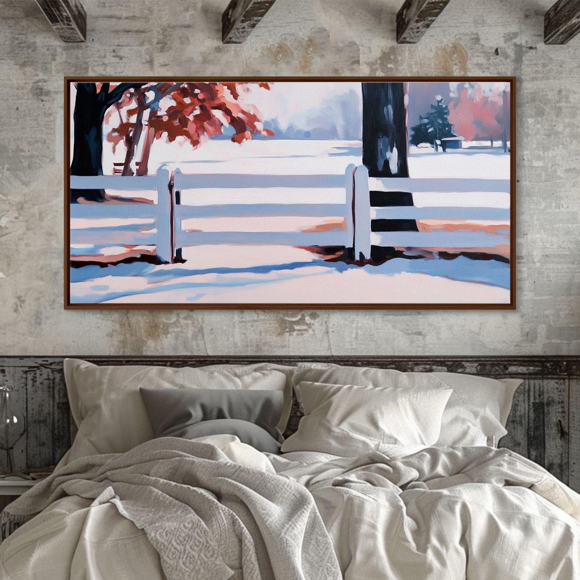White Fence In A Snowy Field With Red Autumn Leaves Art Poster - Image 3